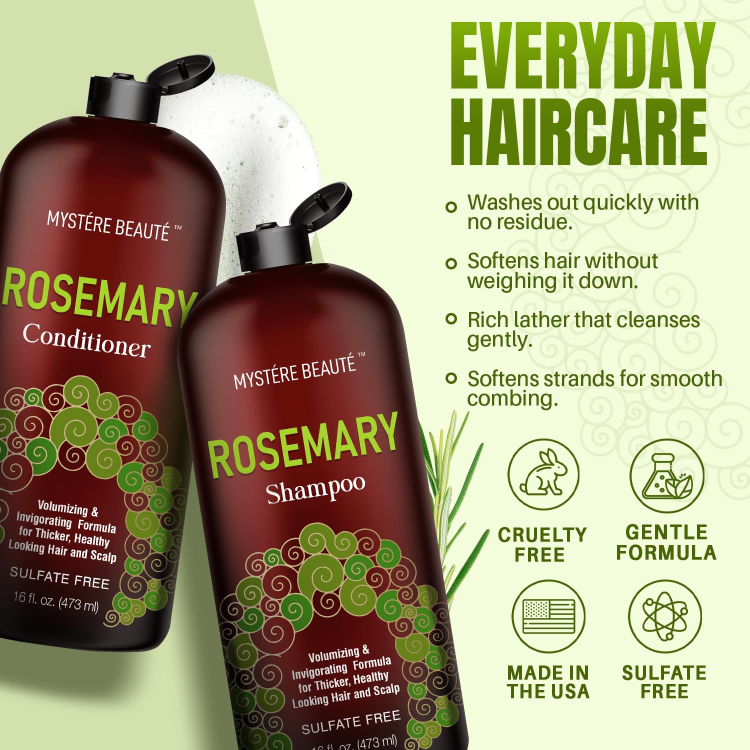 MYSTÉRE BEAUTÉ Rosemary Shampoo close-up emphasizes organic rosemary oil.