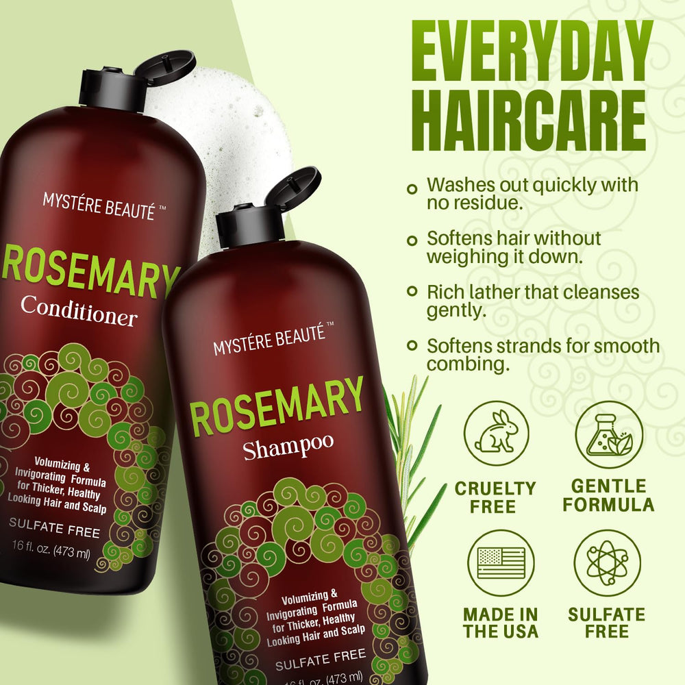 MYSTÉRE BEAUTÉ Rosemary Shampoo close-up emphasizes organic rosemary oil.