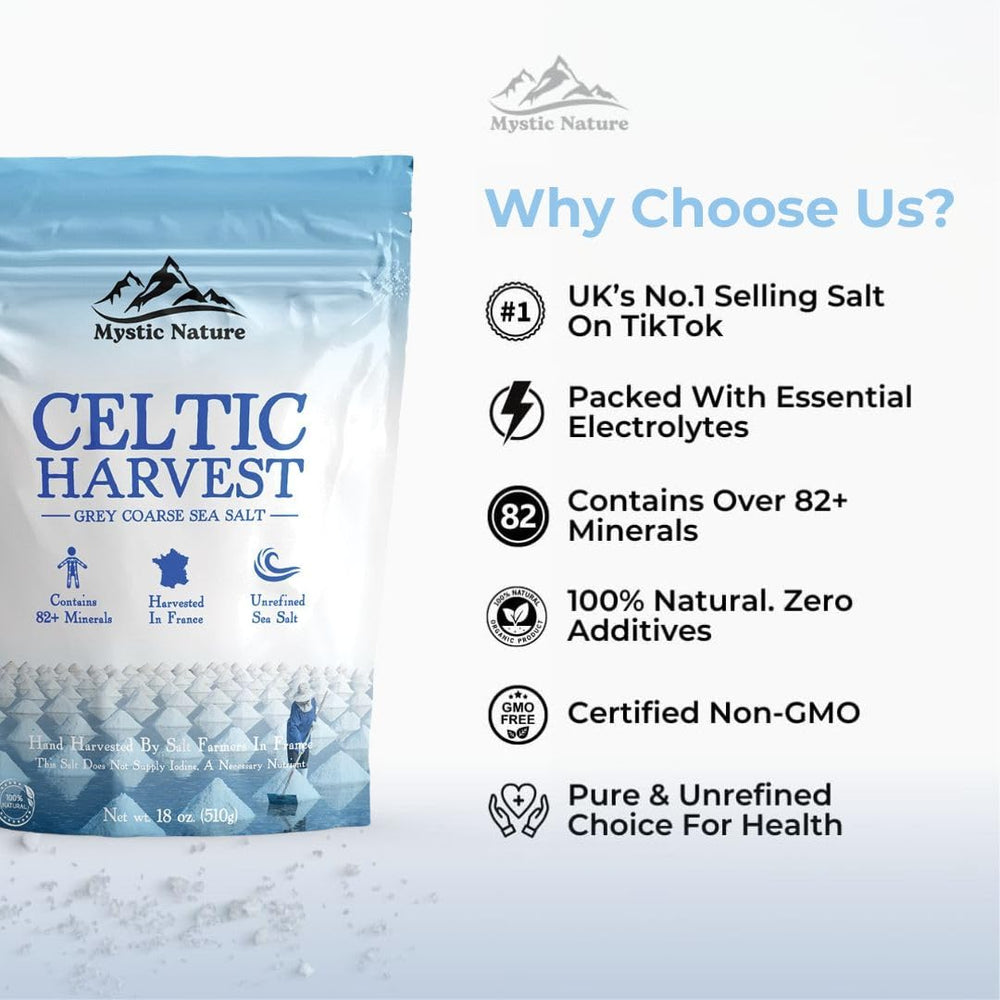 Mystic Nature packaging shot emphasizes sustainable hand harvest and minimal processing.