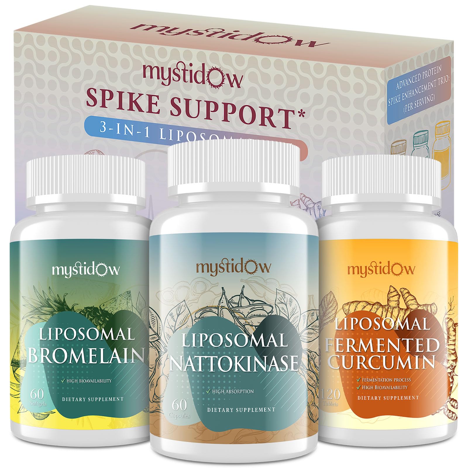 Mystidow Spike Support Trio bottle highlighting liposomal delivery for better absorption.