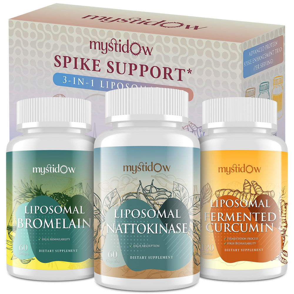 Mystidow Spike Support Trio bottle highlighting liposomal delivery for better absorption.