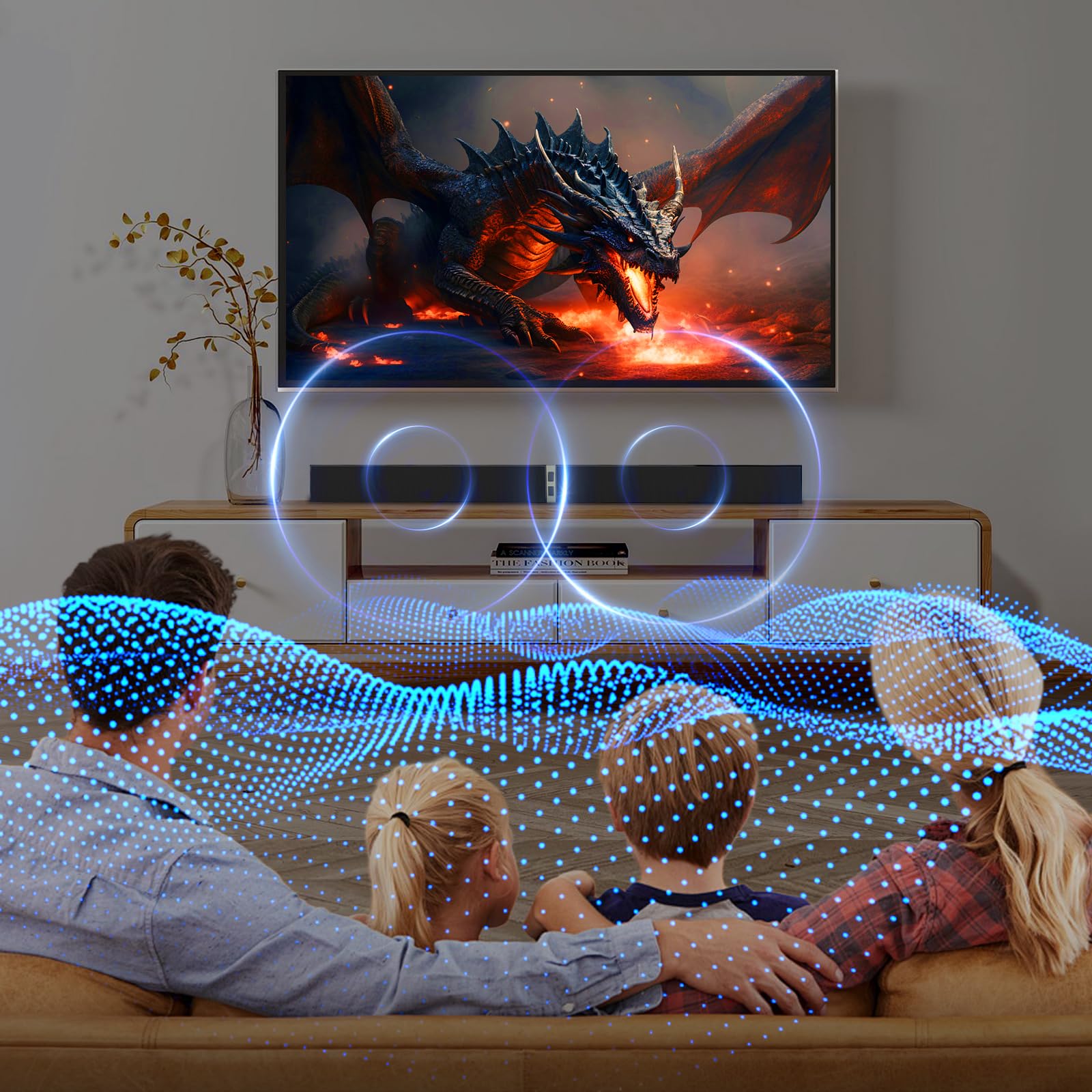 MZEIBO living room setup showcasing immersive sound with TV