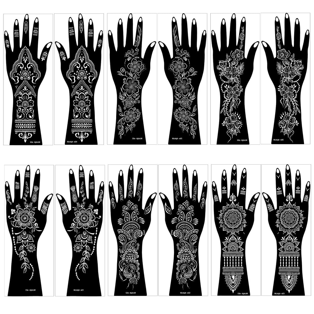 Mzstgh floral henna stencil designs for elegant hand art on both hands.