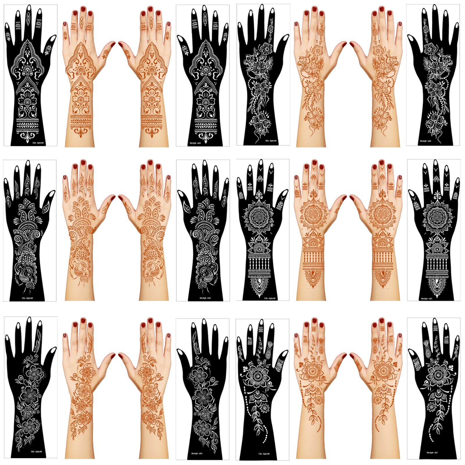 Mzstgh Henna stencil kit with 12 sheets for precise hand and forearm designs.