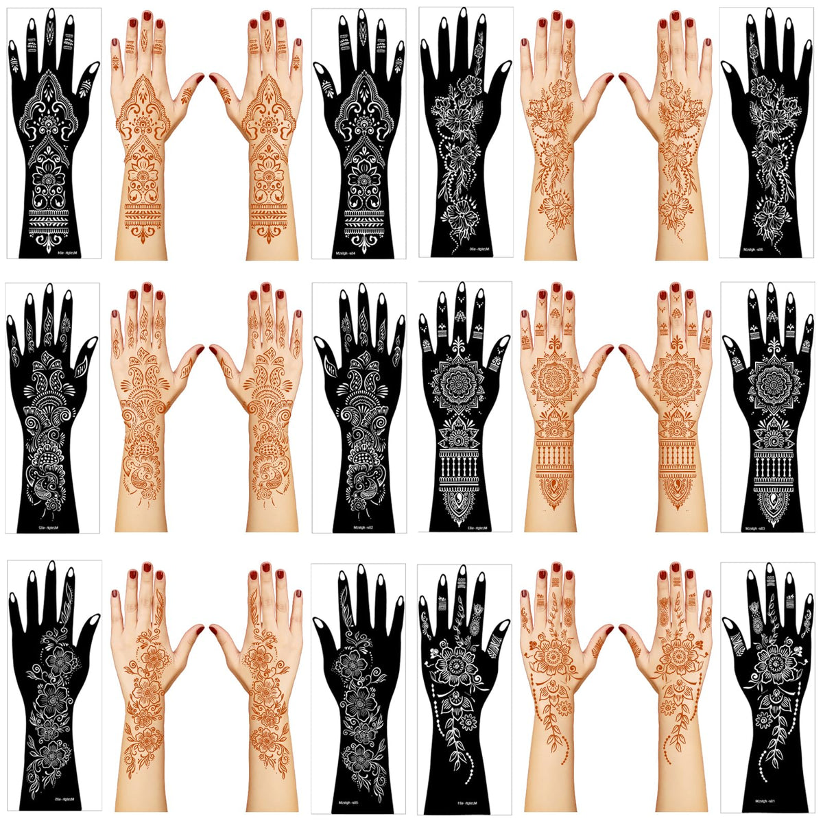 Mzstgh Henna stencil kit with 12 sheets for precise hand and forearm designs.