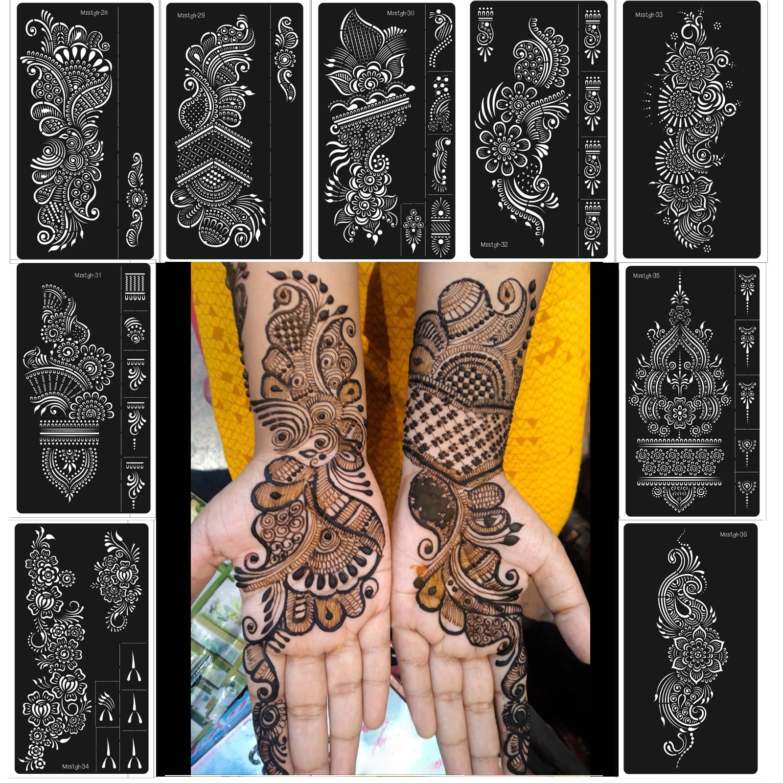 Mzstgh henna stencil floral designs for hand and forearm temporary tattoos.