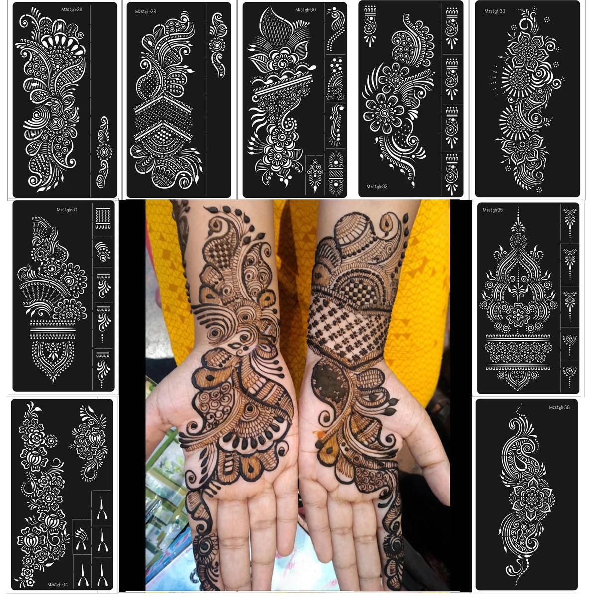 Mzstgh henna stencil floral designs for hand and forearm temporary tattoos.