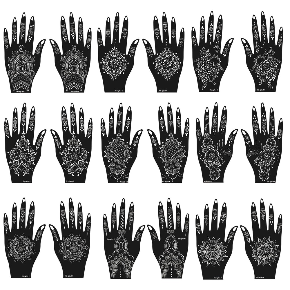 Mzstgh henna tattoo stencils kit with 18 sheets for precise, mess-free hand designs.