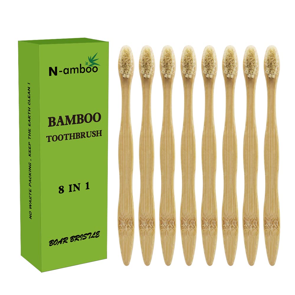 N-amboo bamboo toothbrush handle close-up highlighting sustainable bamboo
