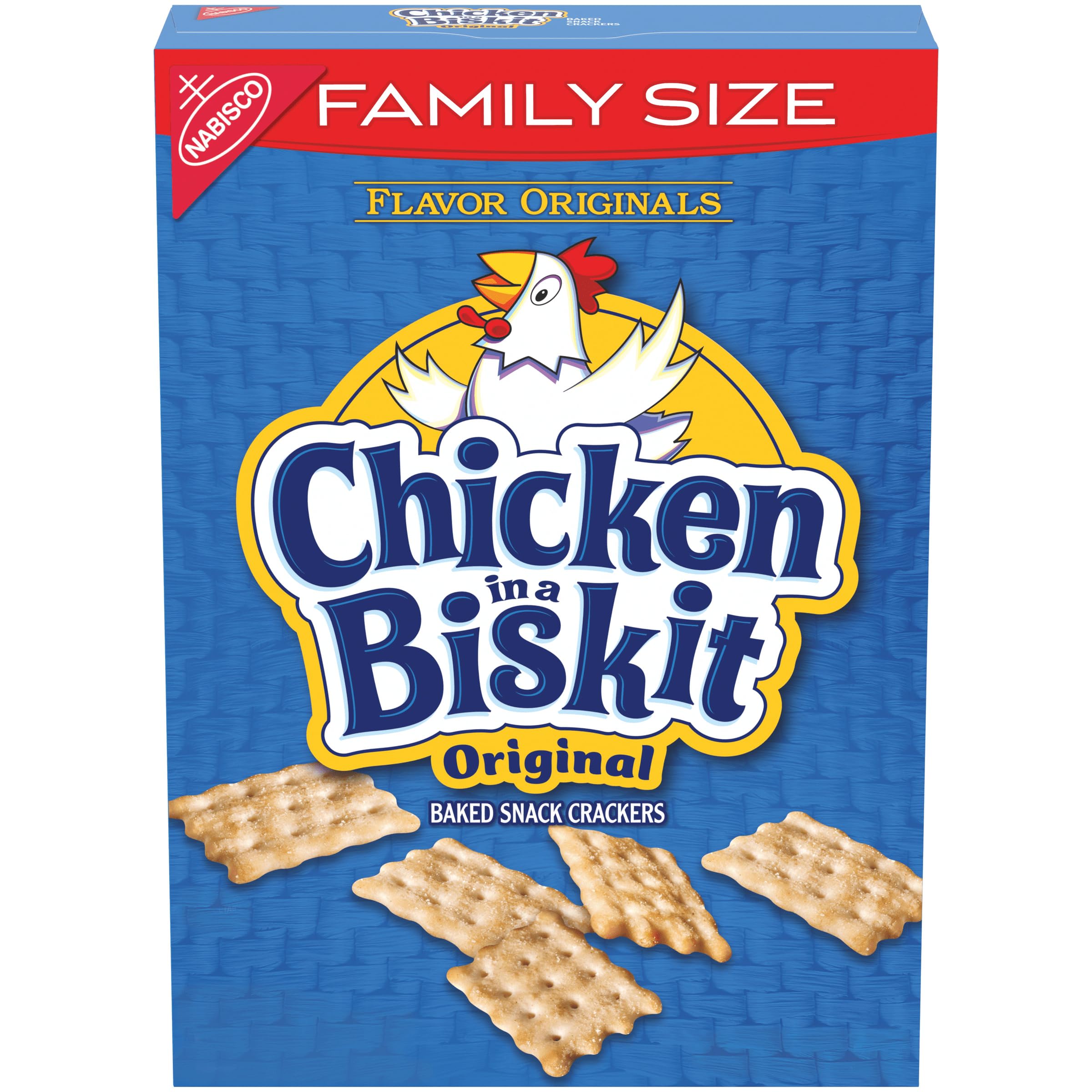 Nabisco CHICKEN IN A BISKIT crackers box front showing a family size package for easy snacking