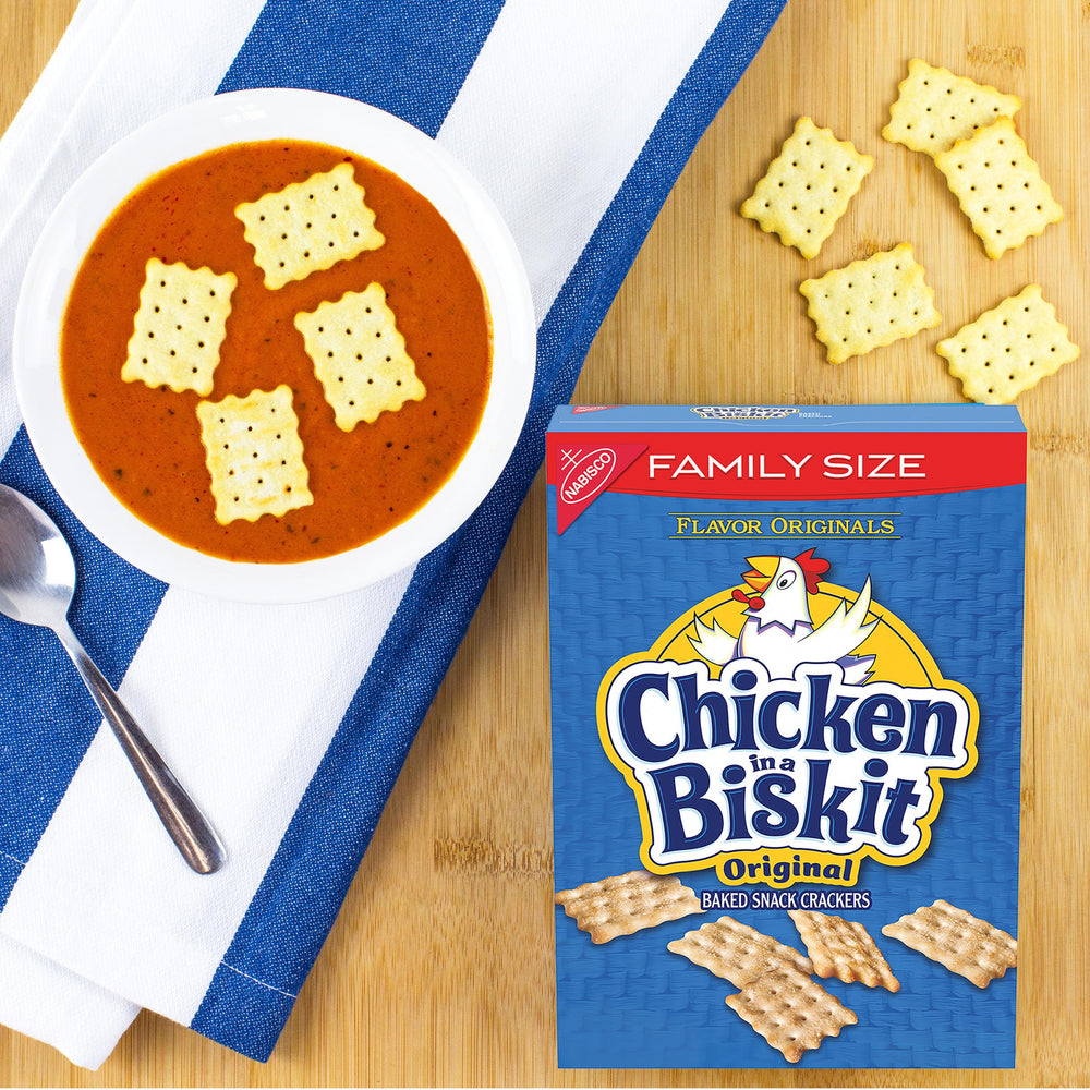 Nabisco CHICKEN IN A BISKIT crackers at an office desk as a snack option