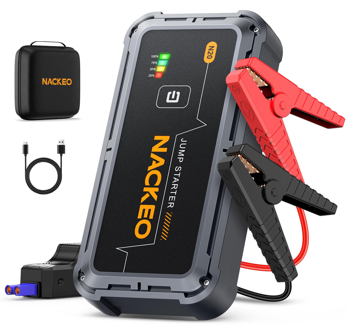 NACKEO car jump starter in use for a quick roadside battery boost