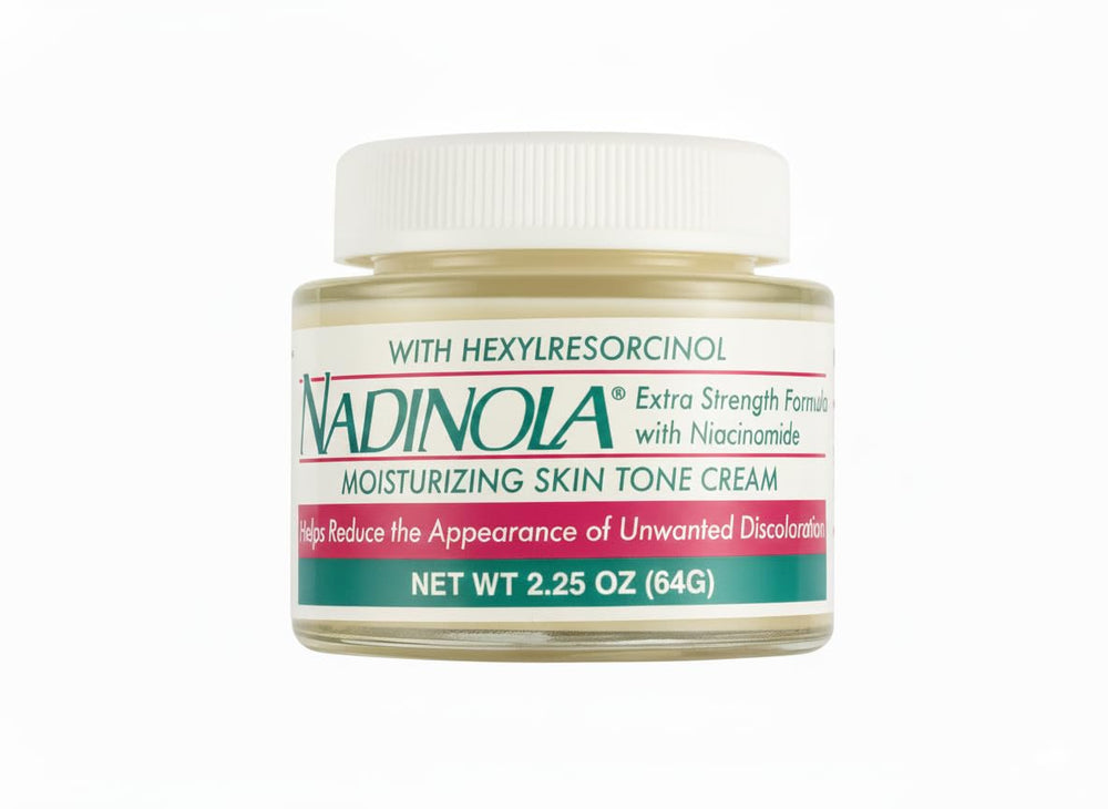 Nadinola niacinamide and hexylresorcinol ingredients label highlights active ingredients for skin confidence.