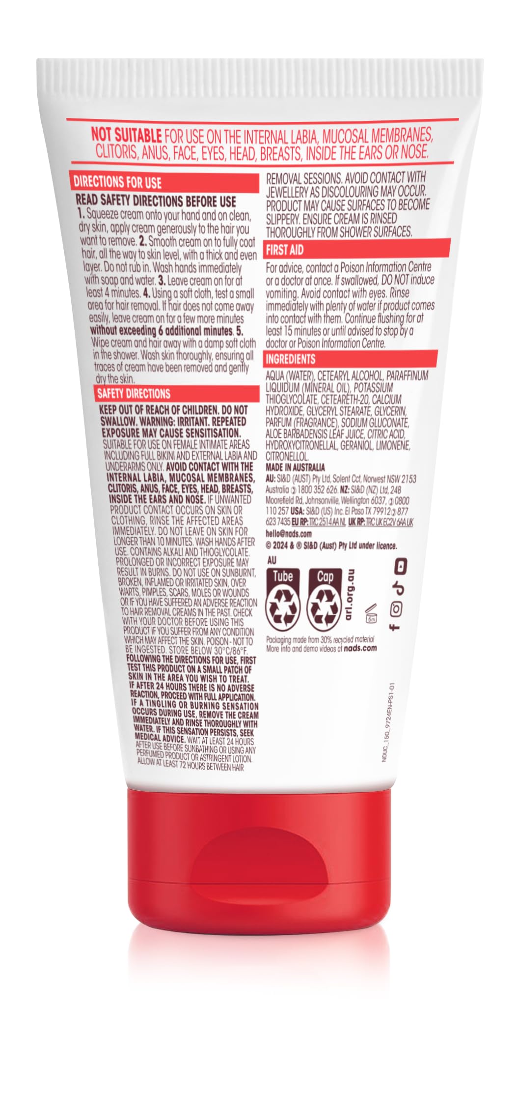 Nad's Down Under Cream packaging design communicates cruelty-free claim.