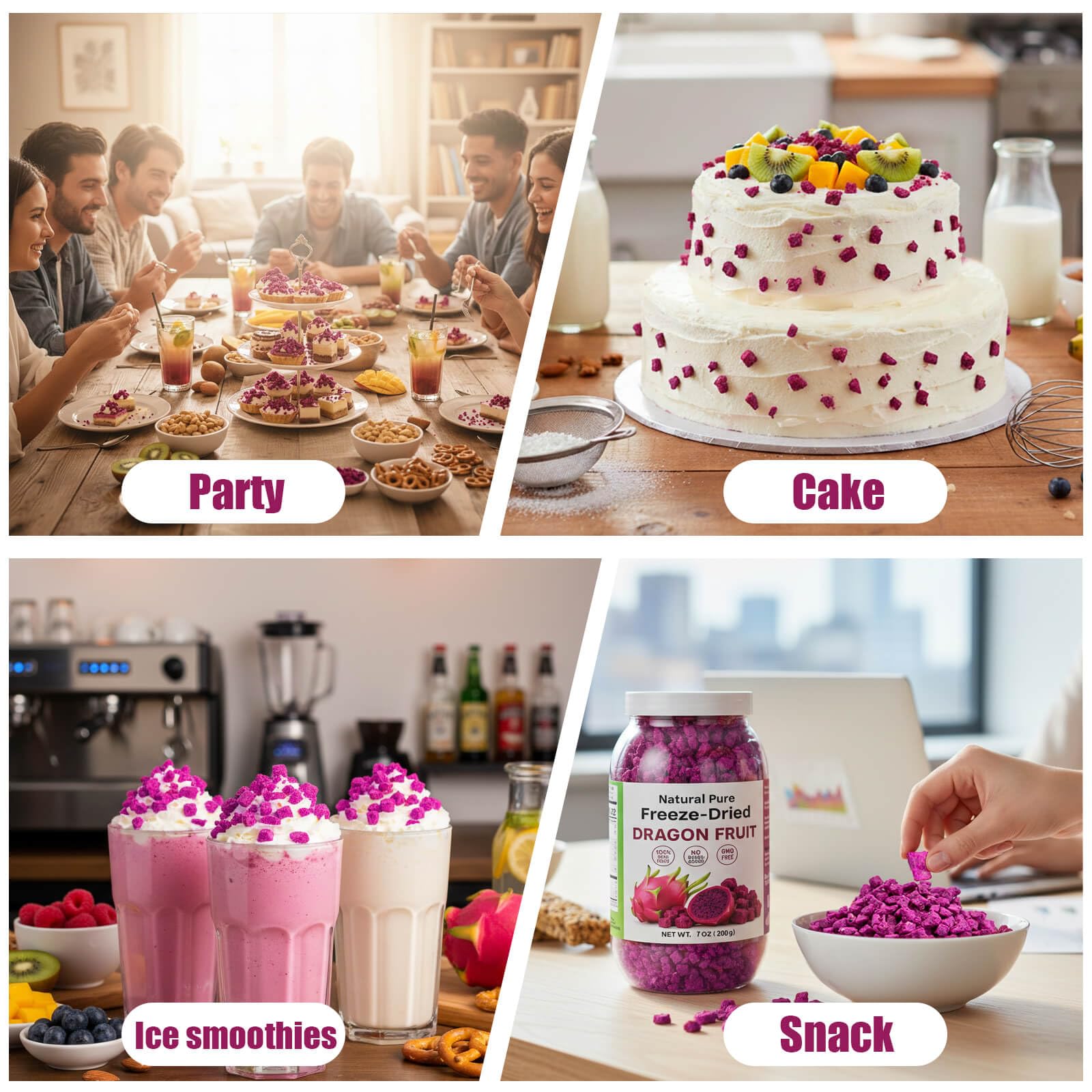 Nahasahr crispy dragon fruit pieces enhance cereals with color.