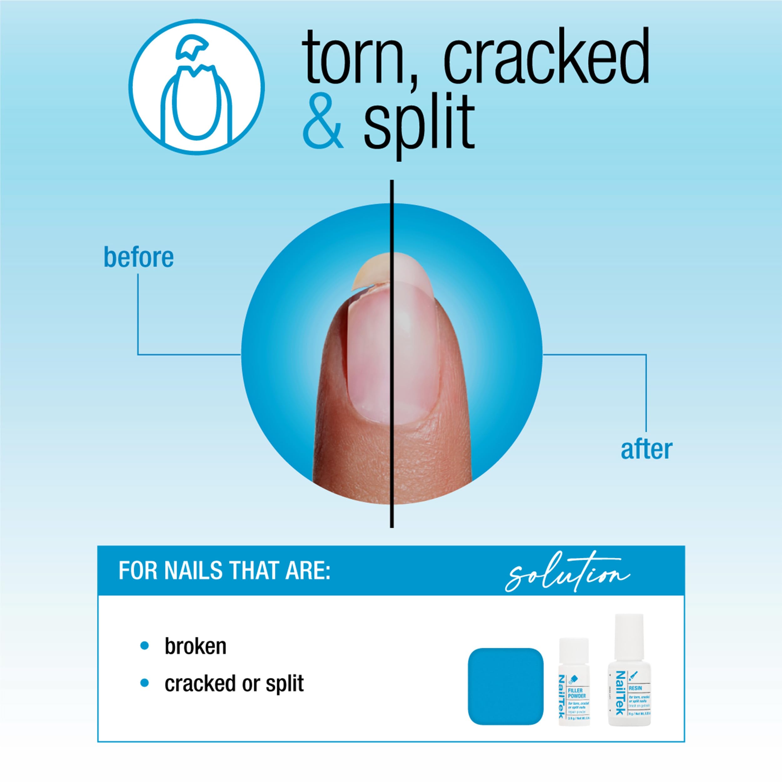 Nail Tek Nail Repair filler powder strengthens weak nails and supports growth.