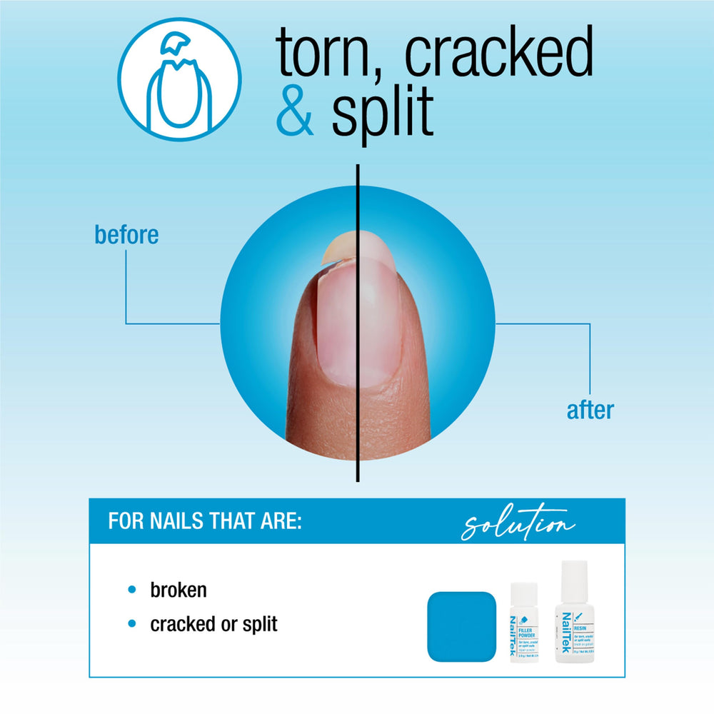 Nail Tek Nail Repair filler powder strengthens weak nails and supports growth.