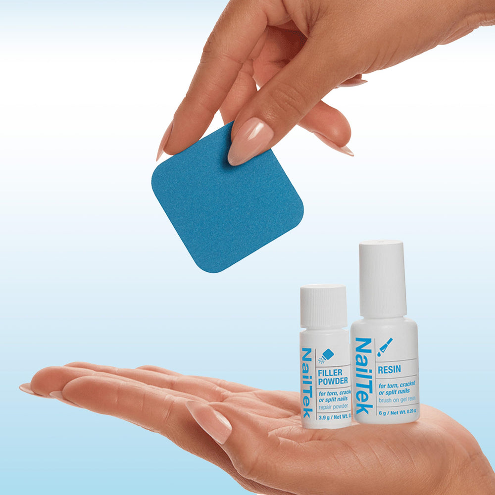 Nail Tek Nail Repair packaging highlighting included gel resin, powder, and buffer.