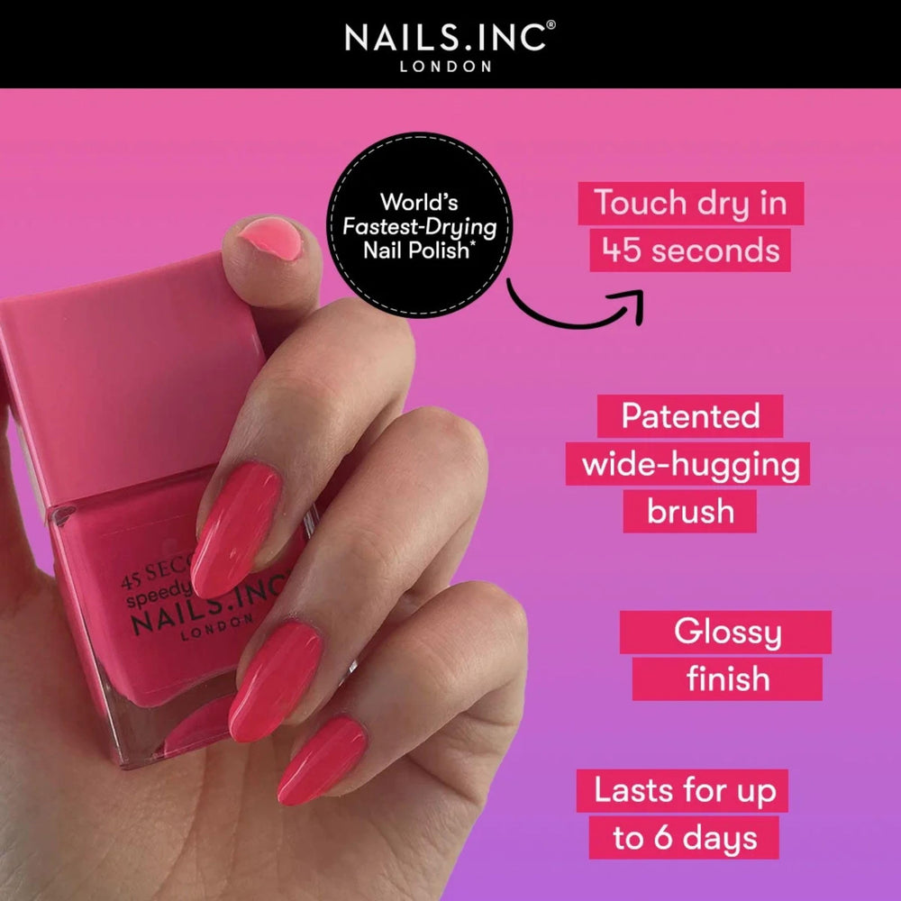 Nails INC 45-second dry timing highlight for quick set.