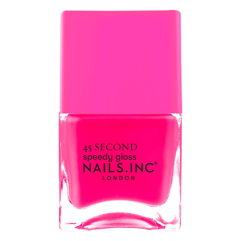 Nails INC Blake neon pink bottle shows bold color for nails.