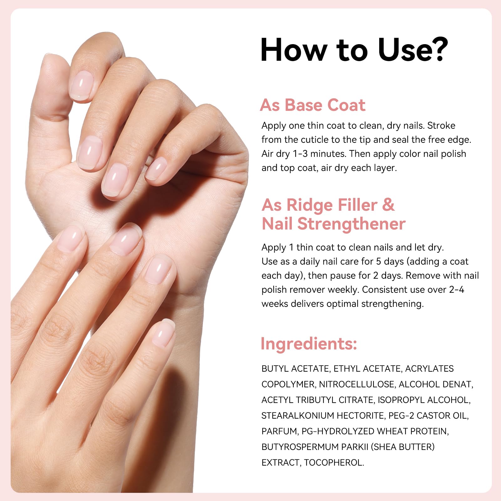 Nailshion Ridge Filler Base Coat step-by-step application guide.