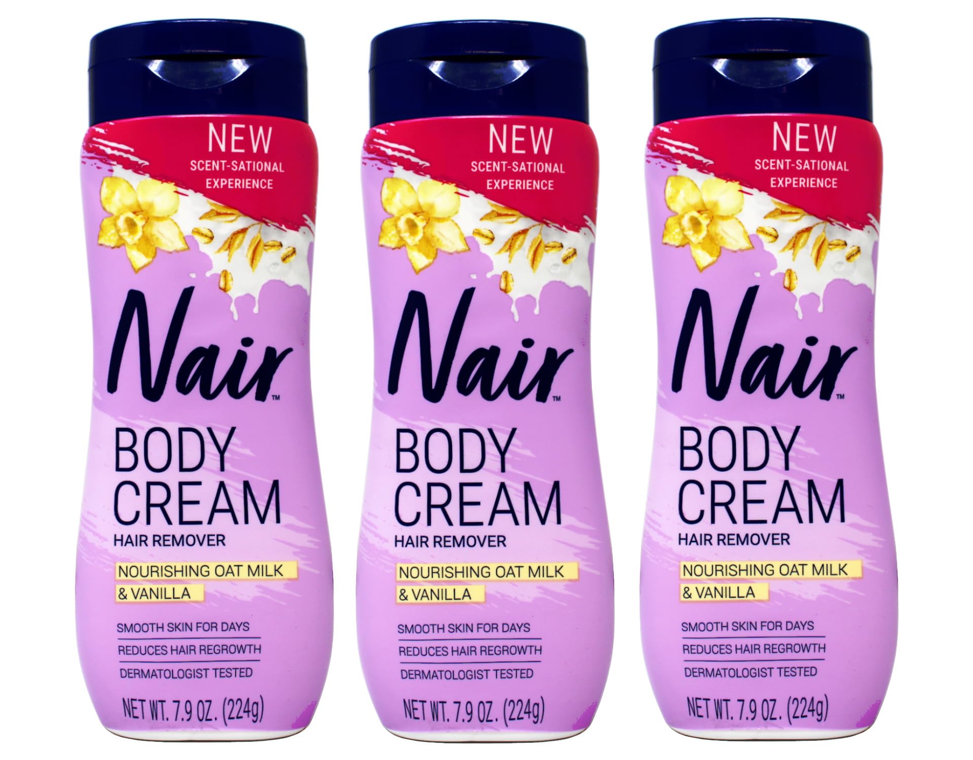 Nair Body Cream Hair Remover jar-front shows nourishing oat milk and vanilla for smooth skin