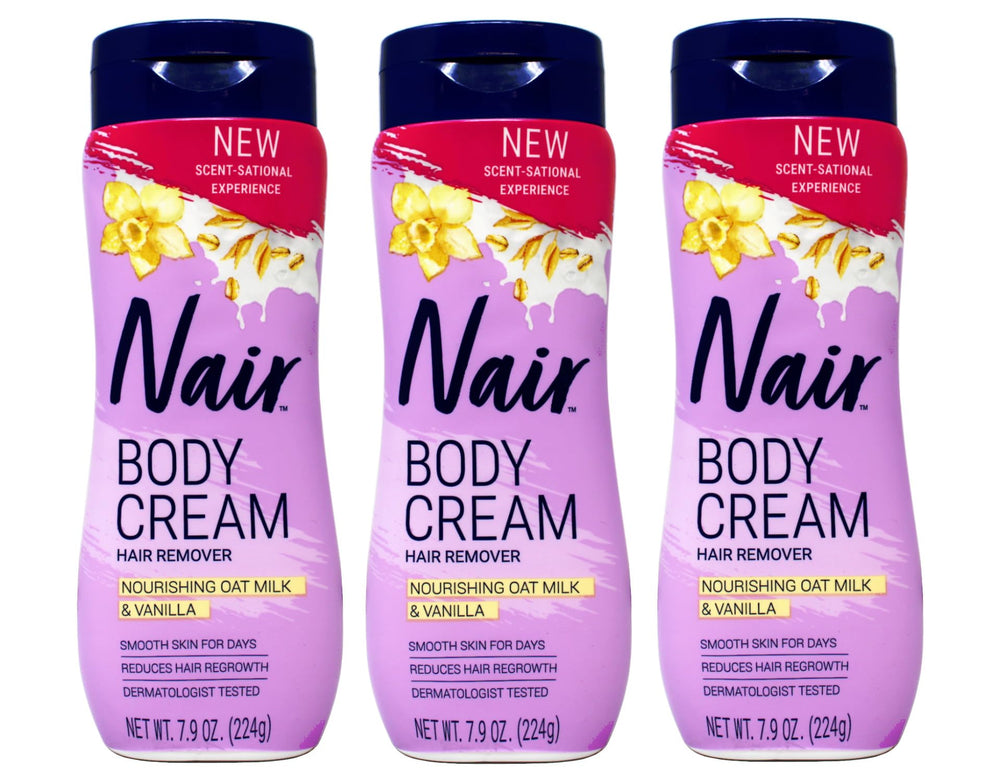 Nair Body Cream Hair Remover jar-front shows nourishing oat milk and vanilla for smooth skin