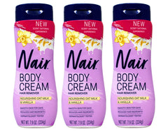 Nair Body Cream Hair Remover jar-front shows nourishing oat milk and vanilla for smooth skin