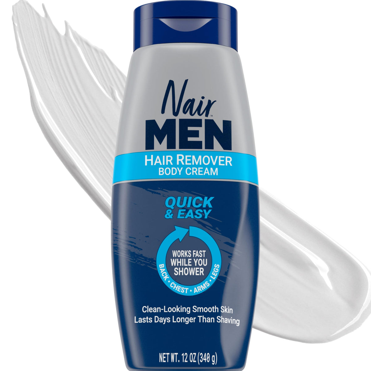 NAIR Men Hair Remover Body Cream bottle for quick in-shower removal.