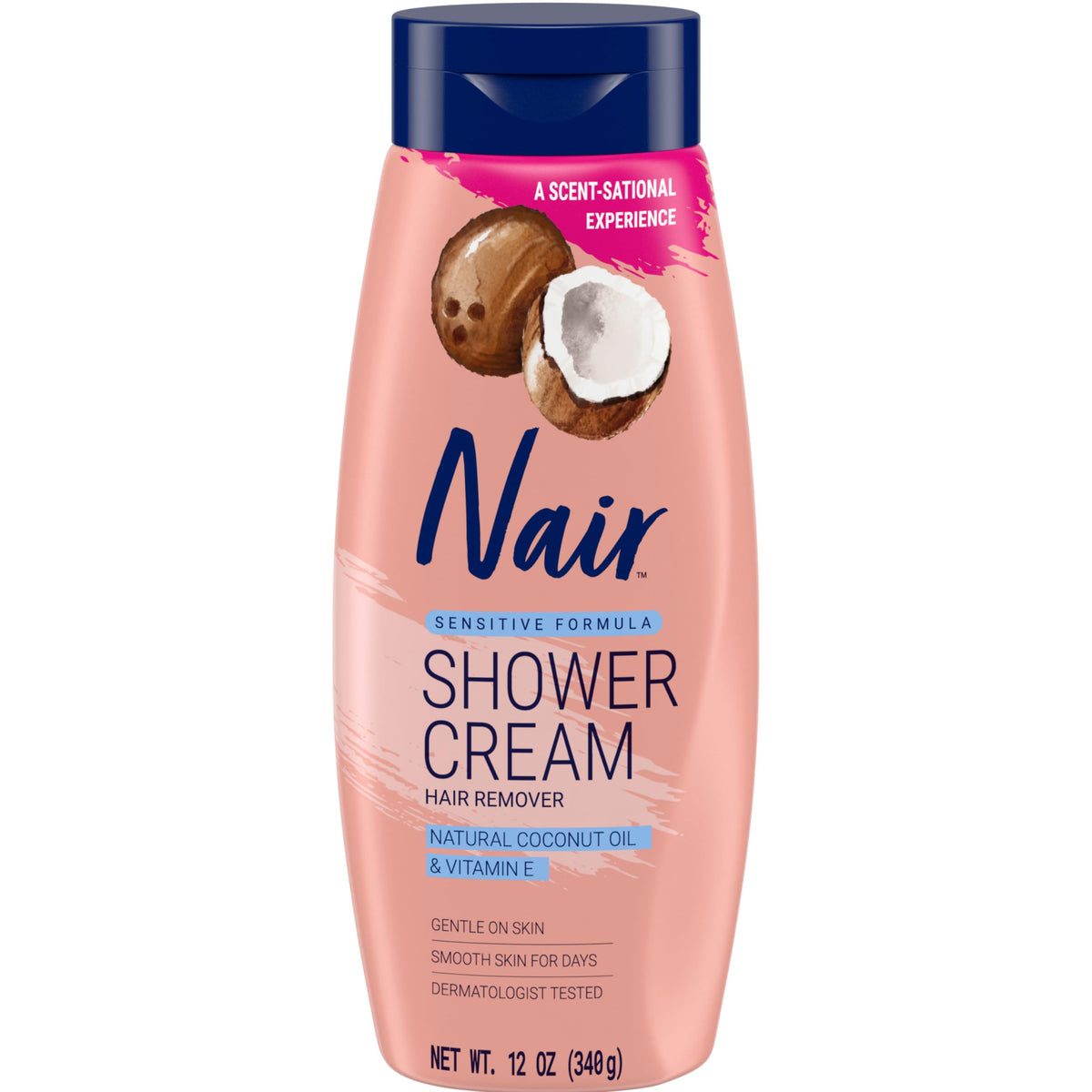 Nair Sensitive Formula Shower Cream bottle demonstrating easy, dye-free depilation for sensitive skin.
