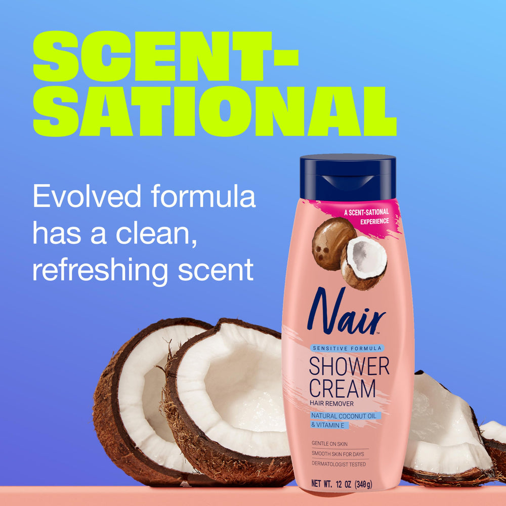 Nair Sensitive Formula Shower Cream foam-soft-skin highlights gentle removal without nicks or razor bumps.