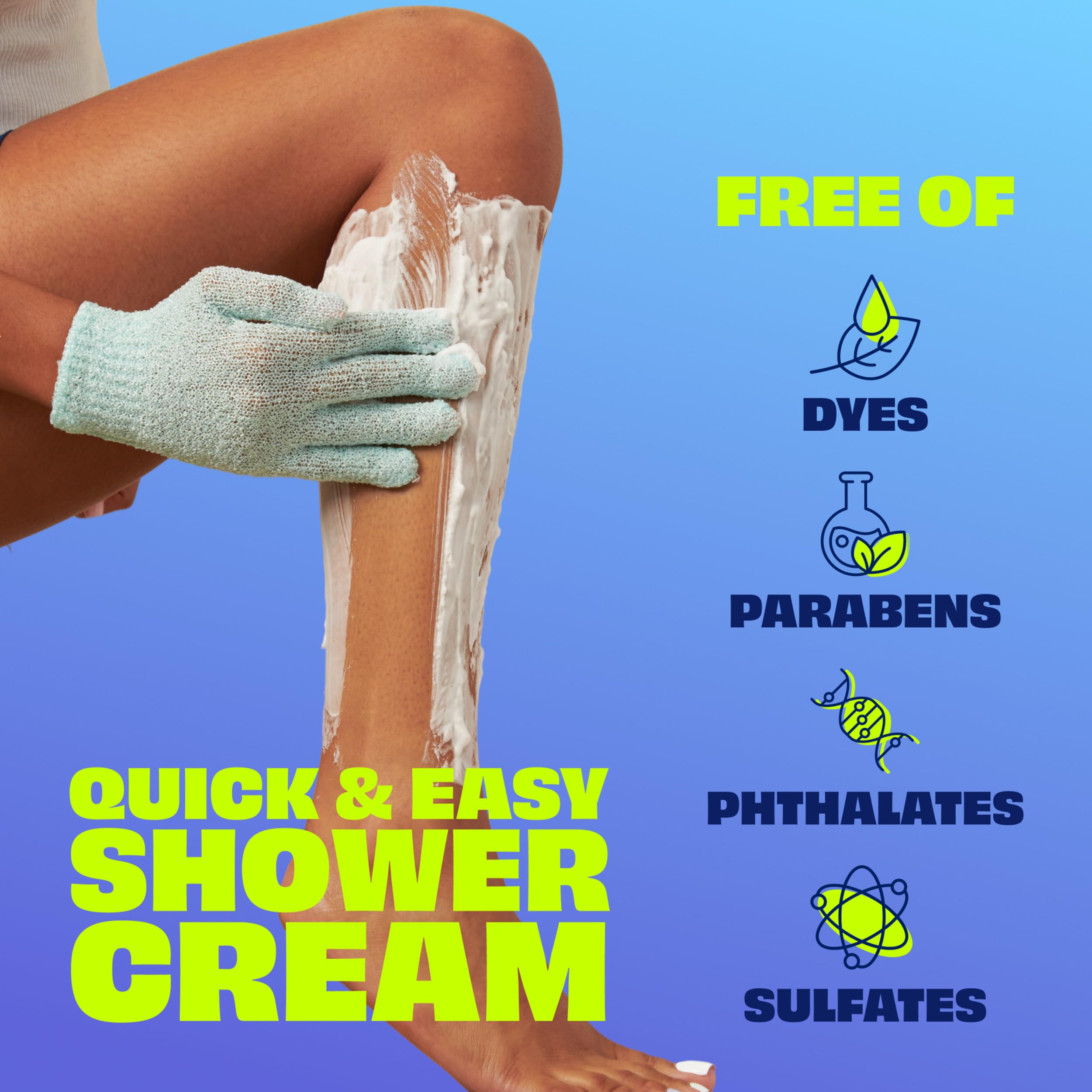 Nair Sensitive Formula Shower Cream pump-dispense shows mess-free application for quick hair removal.