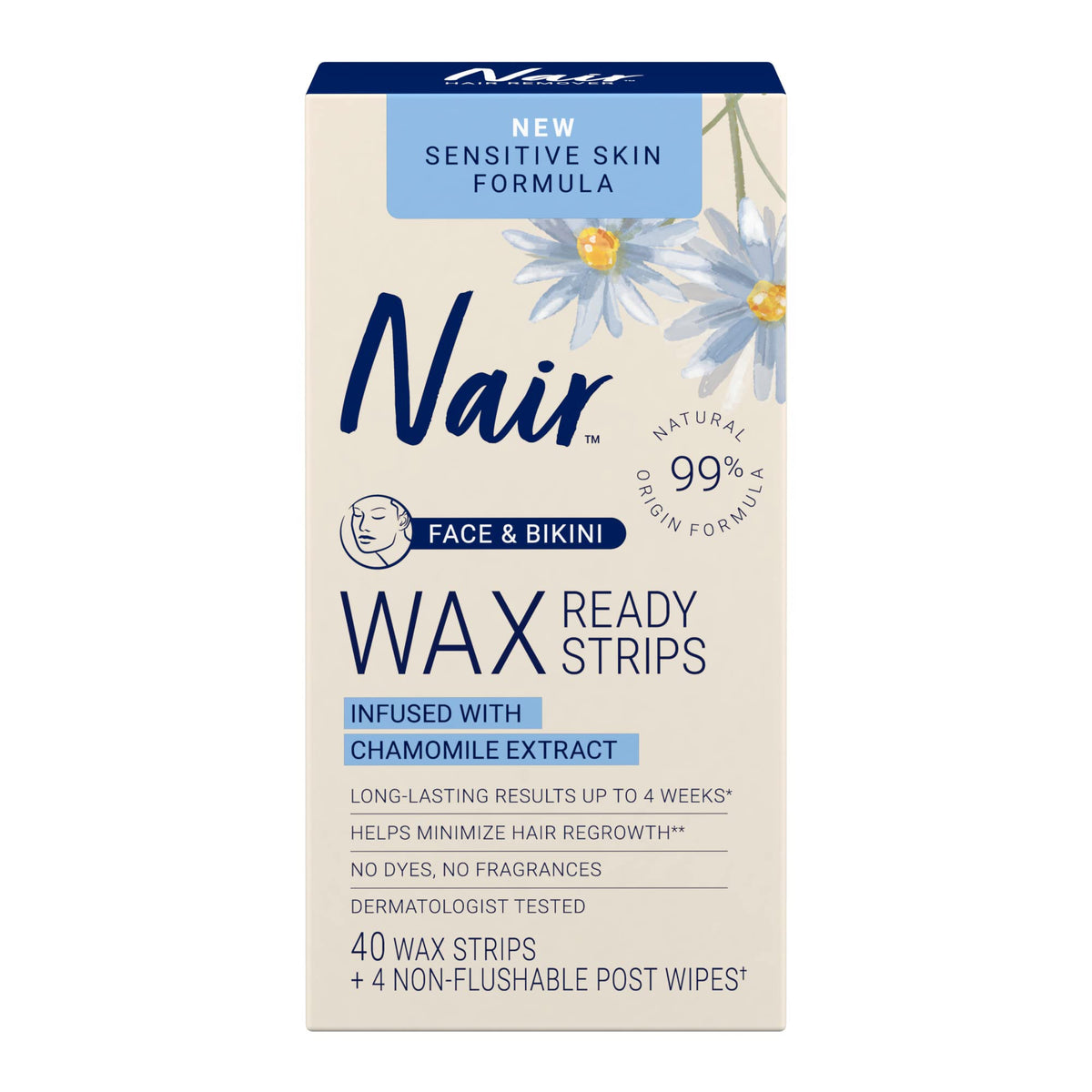 Nair Sensitive Wax Strips box for easy face and bikini removal.