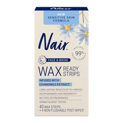 Nair Sensitive Wax Strips box for easy face and bikini removal.