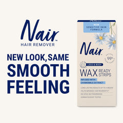 Nair Sensitive Wax Strips applied to the face for gentle removal.