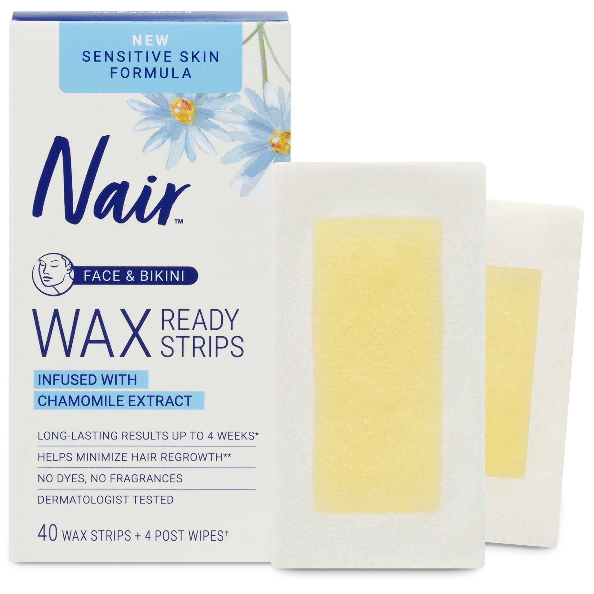 Nair Sensitive Wax Strips being peeled for mess-free application.