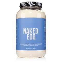NAKED 3LB egg white protein bottle pour shows additive-free nutrition for workouts.