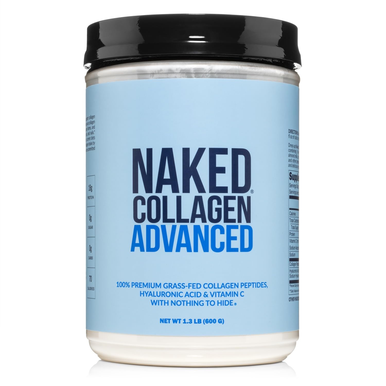 NAKED Collagen Advanced bottle close-up showing a pure three-ingredient formula.
