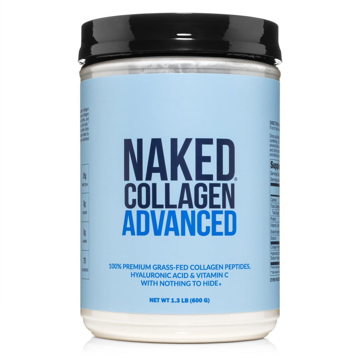 NAKED Collagen Advanced bottle close-up showing a pure three-ingredient formula.