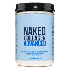 NAKED Collagen Advanced bottle close-up showing a pure three-ingredient formula.