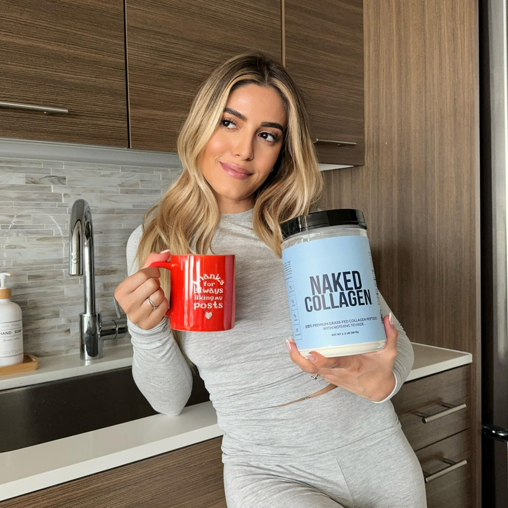 NAKED Collagen Advanced scoop beside jar shows simple dosing.