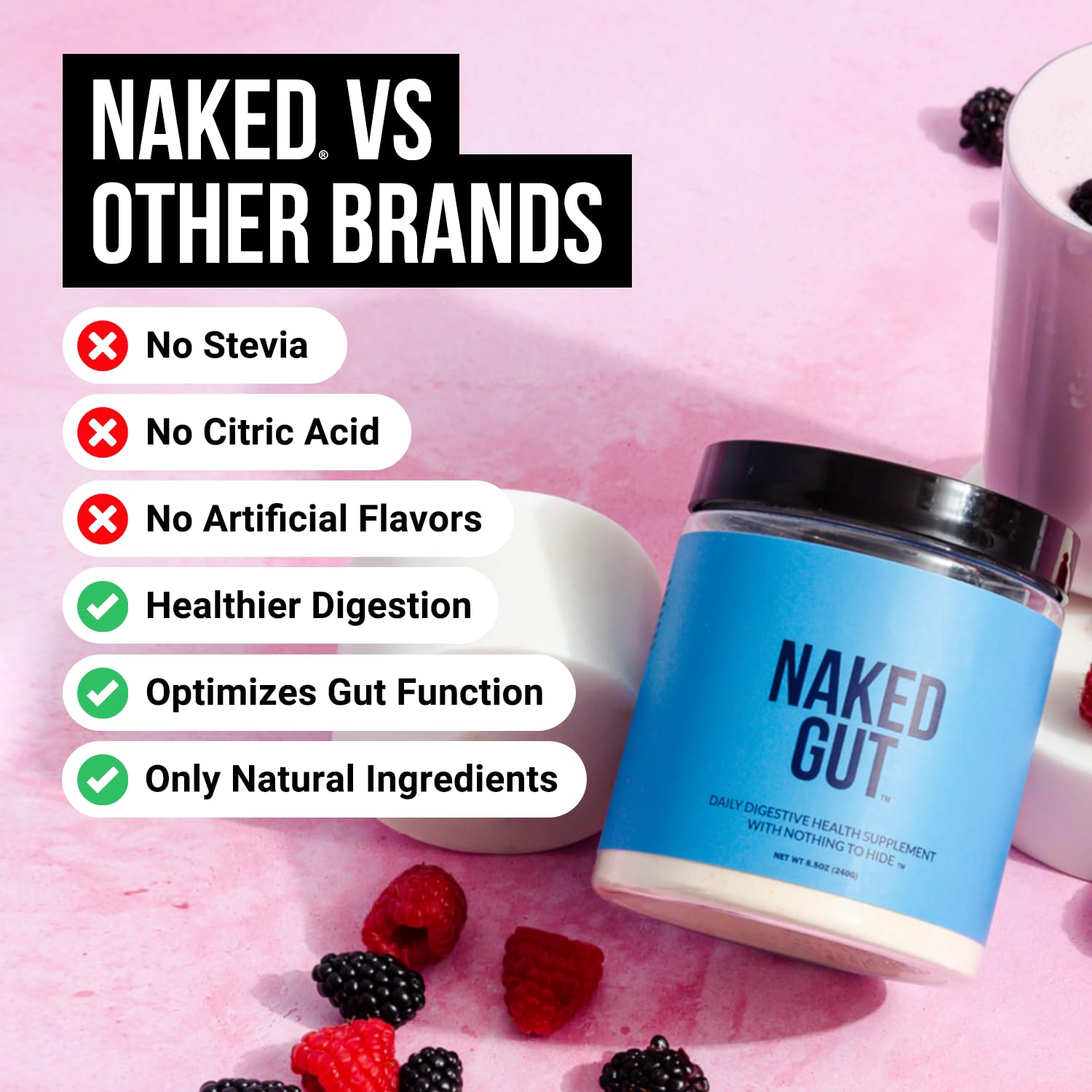NAKED Gut bottle back displays ingredients for vegan-friendly digestive support.