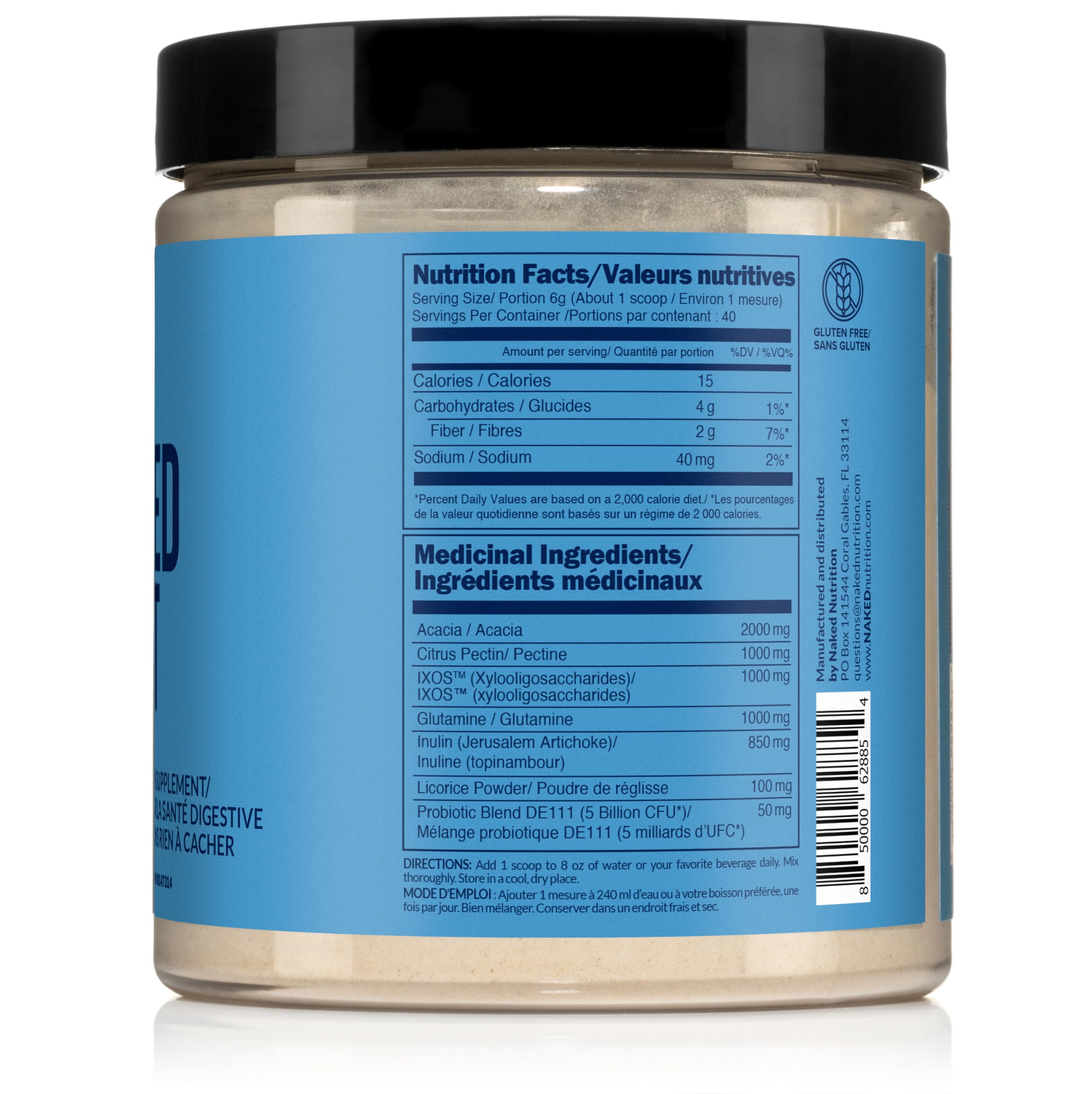 NAKED Gut bottle with scoops showing 40 servings.