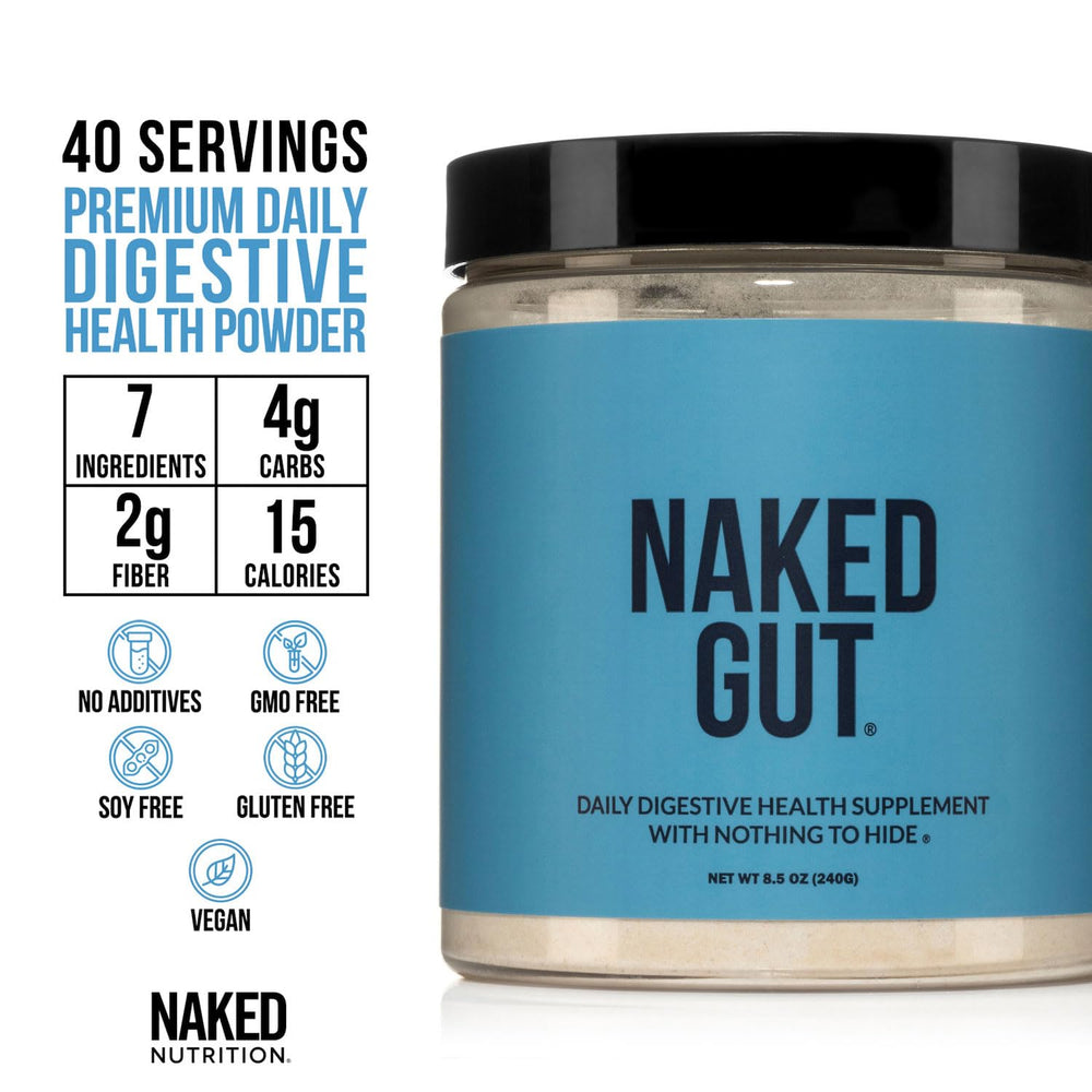 NAKED Gut ingredients layout emphasizing prebiotics and probiotics.