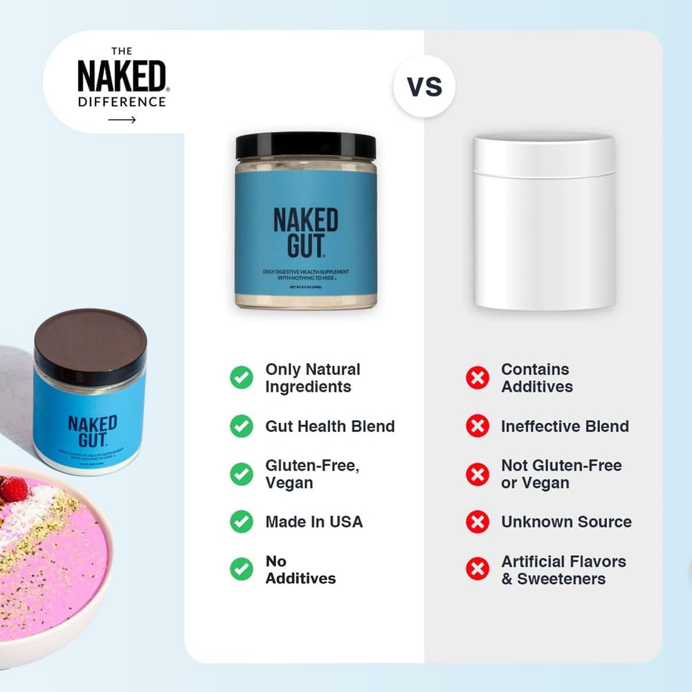NAKED Gut powder dissolving in a glass of water for easy use.