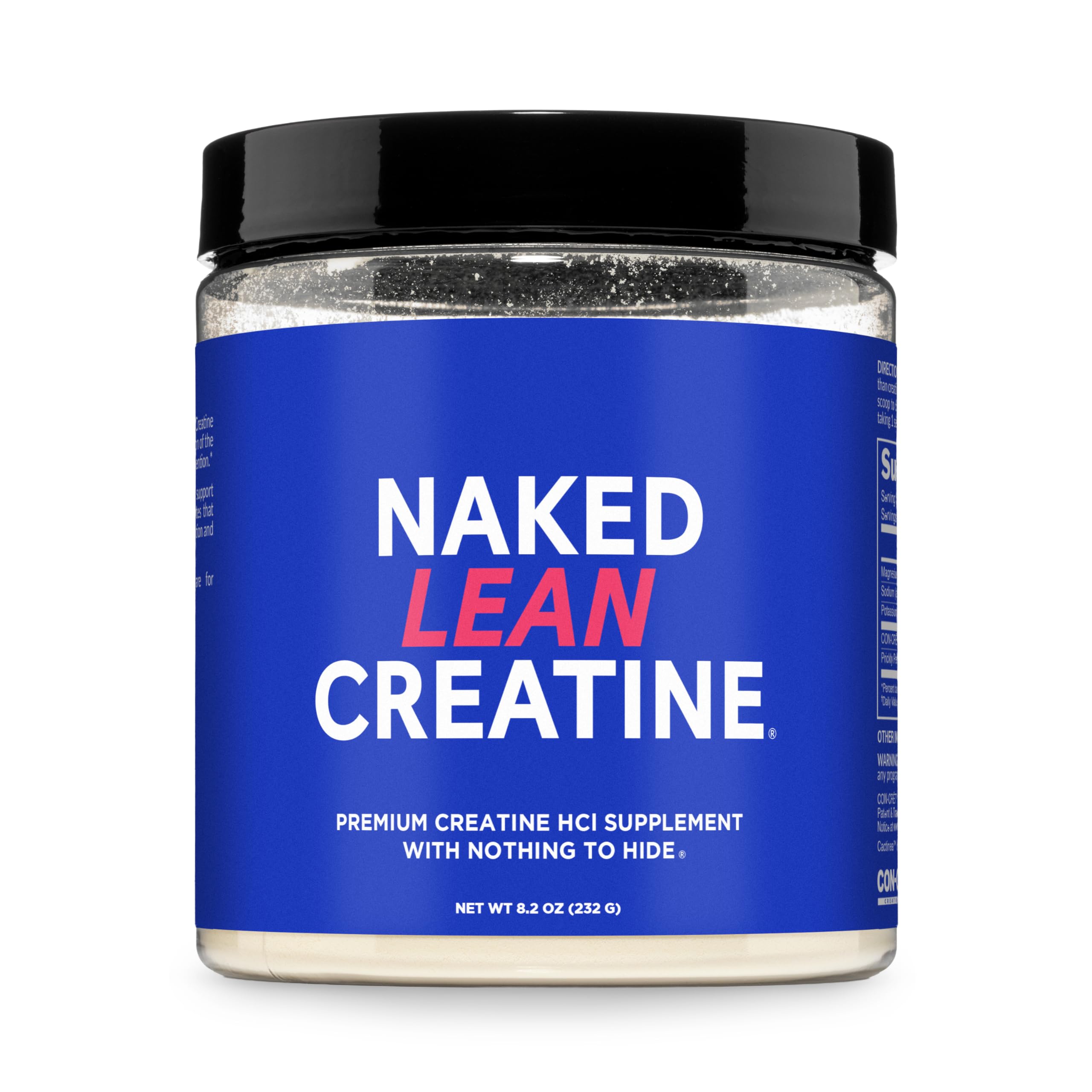 NAKED Lean Creatine HCl Powder bottle on shelf boosts lean gains with clean ingredients.