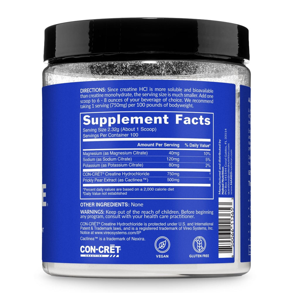 NAKED Lean Creatine HCl Powder with measuring spoon ready for training day.