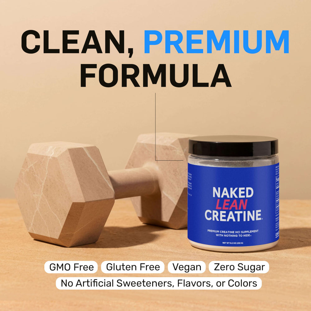 NAKED Lean Creatine HCl Powder packaging front appeals to athletes seeking clean nutrition.