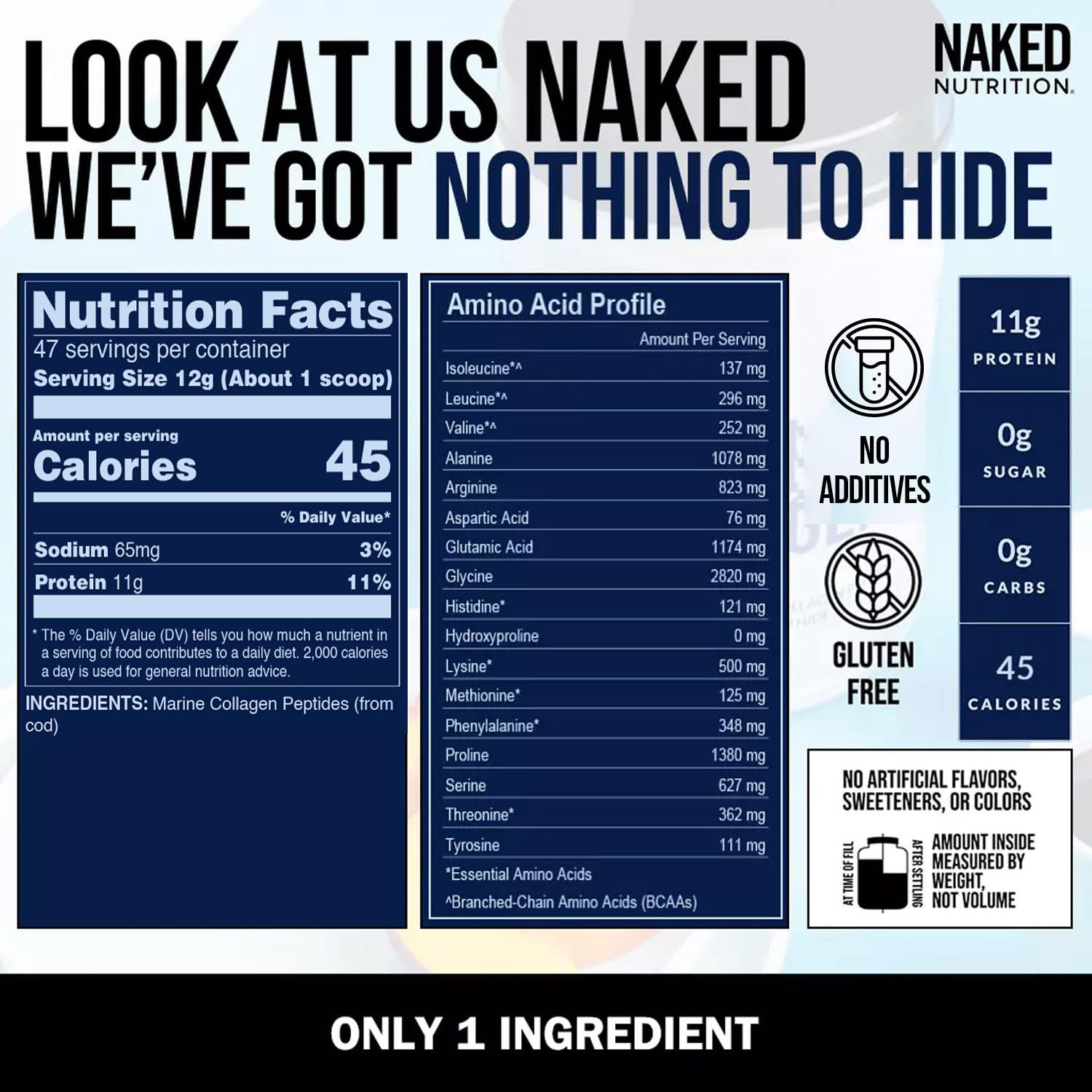 NAKED Marine Collagen Powder nutrition label showing 11g protein per serving