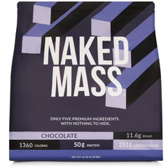 NAKED Mass chocolate powder bag with label; promotes a clean weight gain with all-natural ingredients.